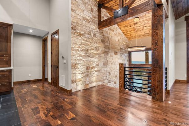Interior, Pendant Lights, Stone Walls, Wooden Beams, Wood Texture Flooring