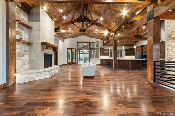 Fireplace, Interior, Kitchen, Recessed Lighting, Wooden Beams, Wooden Ceilings, Wood Texture Flooring