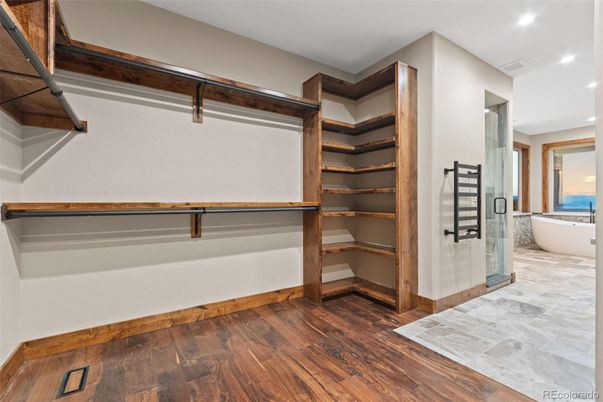 Bathroom, Free Standing Baths, Interior, Recessed Lighting, Wood Texture Flooring