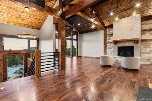 Fireplace, Interior, Living room, Pendant Lights, Stone Walls, Wooden Beams, Wooden Ceilings, Wood Texture Flooring