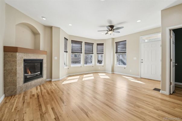 Empty room, Fireplace, Interior, Recessed Lighting, Wood Texture Flooring