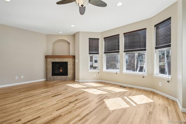 Empty room, Fireplace, Interior, Recessed Lighting, Wood Texture Flooring