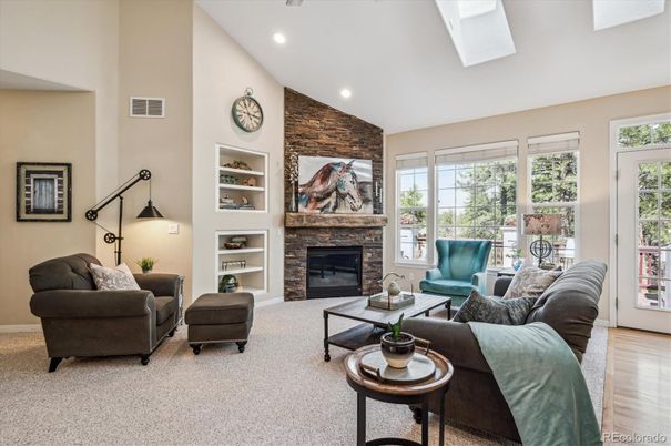 Fireplace, Interior, Living room, Recessed Lighting, Stone Walls