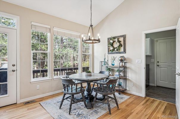 Dining room, Interior, Pendant Lights, Wood Texture Flooring