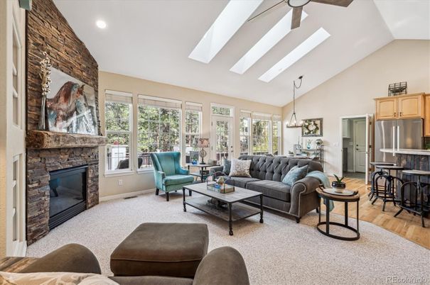 Fireplace, Interior, Kitchen, Living room, Pendant Lights, Recessed Lighting, Stone Walls, Wood Texture Flooring