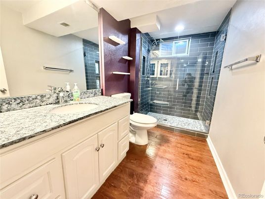 Bathroom, Glass Shower, Interior, Recessed Lighting, Wood Texture Flooring