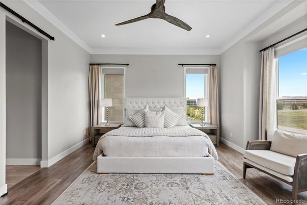 Bedroom, Interior, Recessed Lighting, Wood Texture Flooring