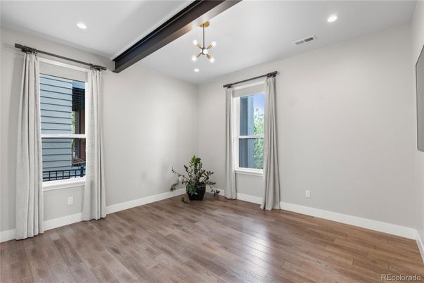 Empty room, Interior, Pendant Lights, Recessed Lighting, Wood Texture Flooring