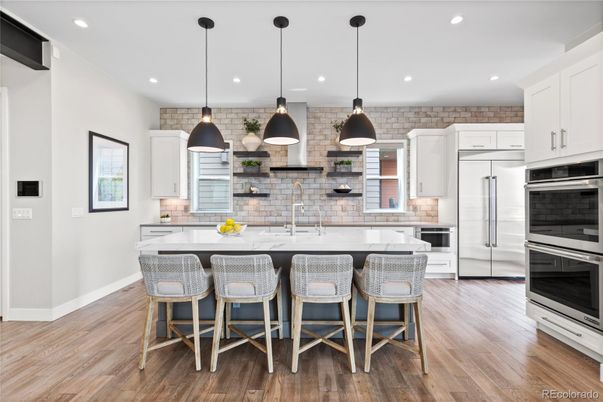 Interior, Kitchen, Pendant Lights, Recessed Lighting, Stainless Steel Appliances, Wood Texture Flooring