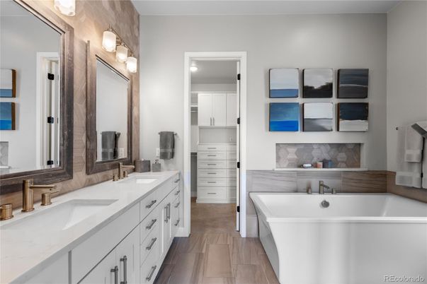 Bathroom, Dual Sink Vanities, Free Standing Baths, Interior, Wood Texture Flooring