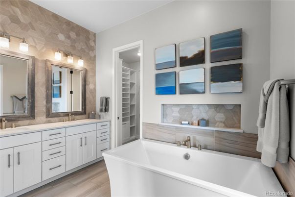 Bathroom, Dual Sink Vanities, Free Standing Baths, Interior, Walk-in Closets, Wood Texture Flooring