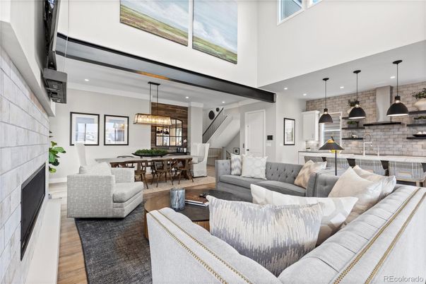 Dining room, Fireplace, Interior, Kitchen, Living room, Pendant Lights, Recessed Lighting, Stone Walls, Wood Texture Flooring