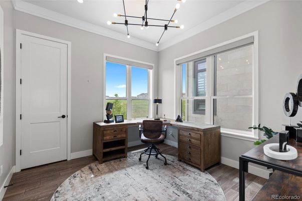 Home Office, Interior, Pendant Lights, Recessed Lighting, Wood Texture Flooring