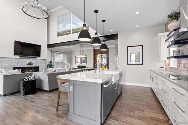 Fireplace, Interior, Kitchen, Living room, Pendant Lights, Recessed Lighting, Wood Texture Flooring