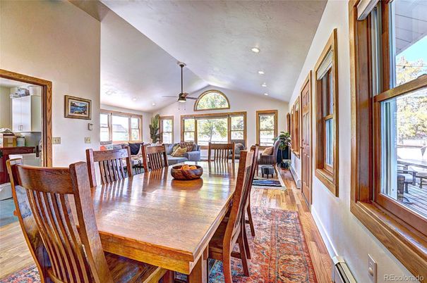 Dining room, Interior, Living room, Recessed Lighting, Wood Texture Flooring