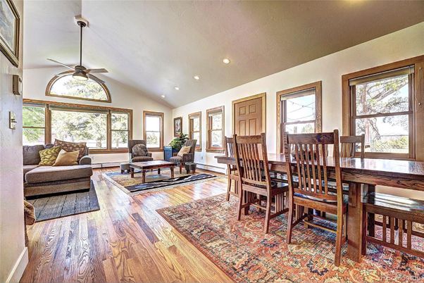Dining room, Interior, Living room, Recessed Lighting, Wood Texture Flooring