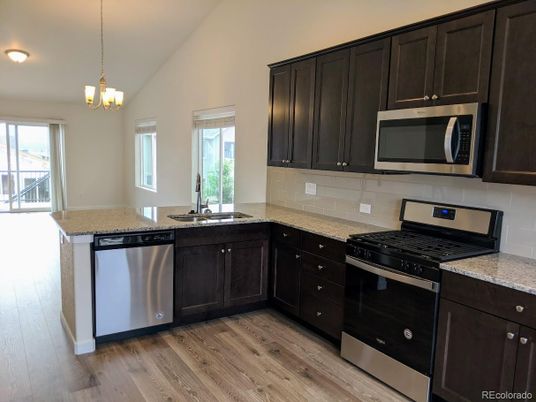 Interior, Kitchen, Pendant Lights, Stainless Steel Appliances, Wood Texture Flooring