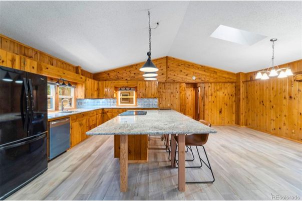 Interior, Kitchen, Pendant Lights, Wood Texture Flooring, Wooden Walls