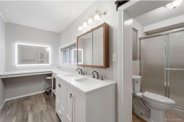 Bathroom, Glass Shower, Interior, Wood Texture Flooring