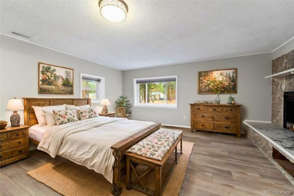 Bedroom, Fireplace, Interior, Wood Texture Flooring