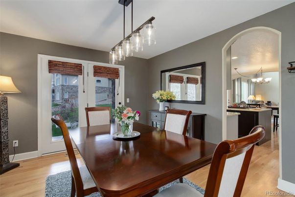 Dining room, Interior, Pendant Lights, Wood Texture Flooring