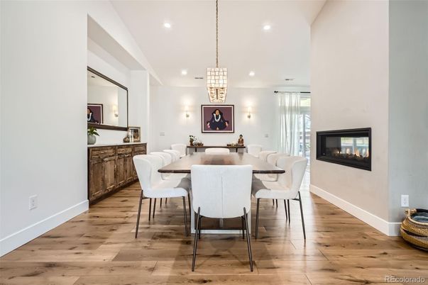 Dining room, Fireplace, Interior, Pendant Lights, Recessed Lighting, Wood Texture Flooring