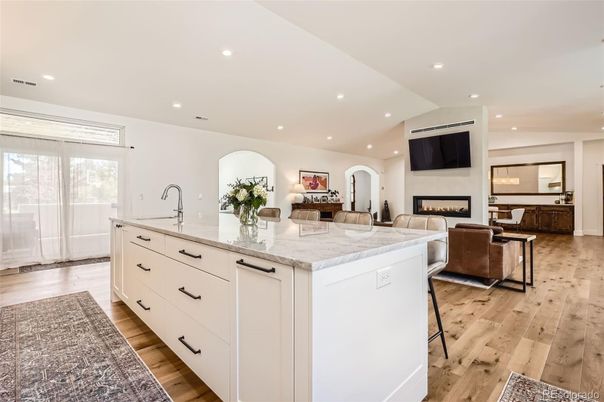 Fireplace, Interior, Kitchen, Living room, Recessed Lighting, Wood Texture Flooring