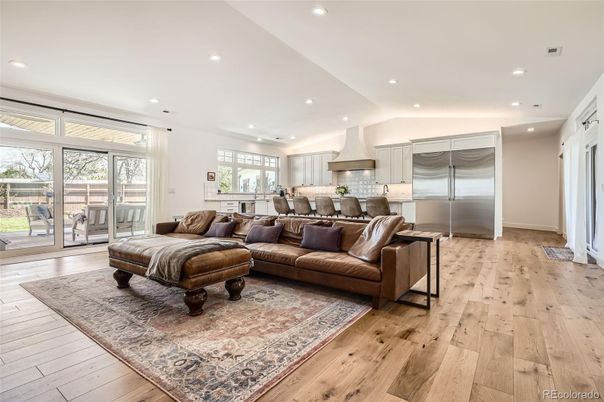 Interior, Kitchen, Living room, Recessed Lighting, Stainless Steel Appliances, Wood Texture Flooring