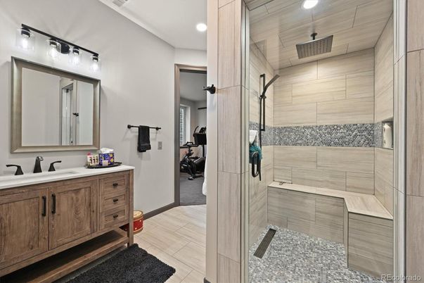Bathroom, Fitness Equipment, Glass Shower, Interior, Recessed Lighting, Wood Texture Flooring