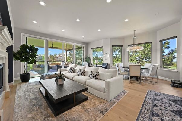 Dining room, Fireplace, Interior, Living room, Pendant Lights, Recessed Lighting, Wood Texture Flooring
