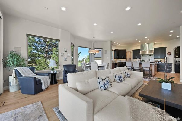 Dining room, Interior, Kitchen, Living room, Pendant Lights, Recessed Lighting, Stainless Steel Appliances, Wood Texture Flooring