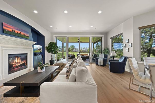 Fireplace, Interior, Living room, Recessed Lighting, Wood Texture Flooring