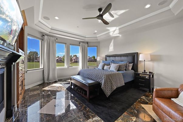 Bedroom, Fireplace, Interior, Marble, Recessed Lighting