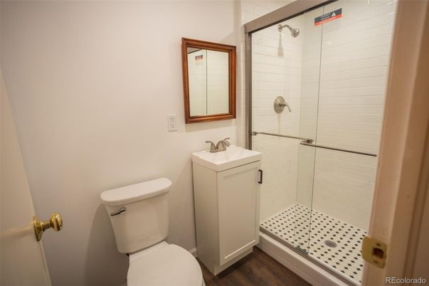 Bathroom, Glass Shower, Interior, Wood Texture Flooring