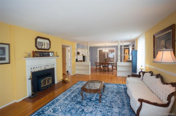 Chandelier, Dining room, Fireplace, Interior, Living room, Pendant Lights, Wood Texture Flooring