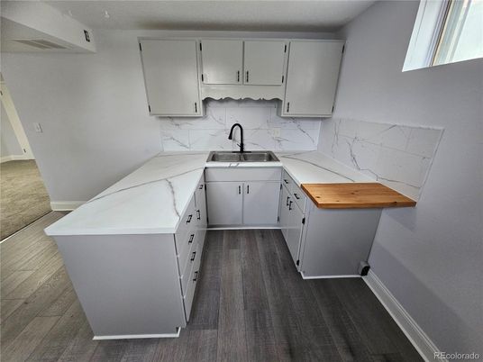 Interior, Kitchen, Marble Walls, Wood Texture Flooring