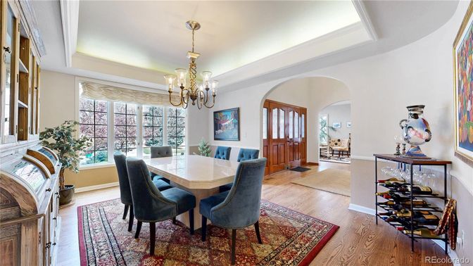Chandelier, Dining room, Interior, Wood Texture Flooring
