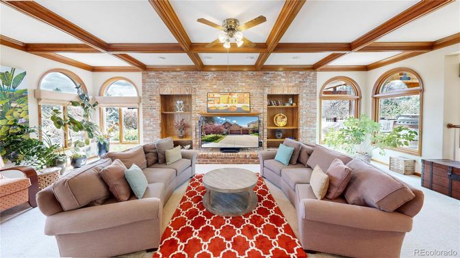 Interior, Living room, Recessed Lighting, Stone Walls, Wooden Beams