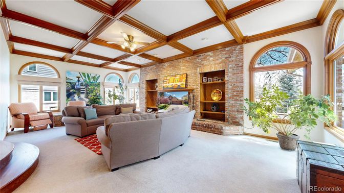 Fireplace, Interior, Living room, Recessed Lighting, Stone Walls, Wooden Beams