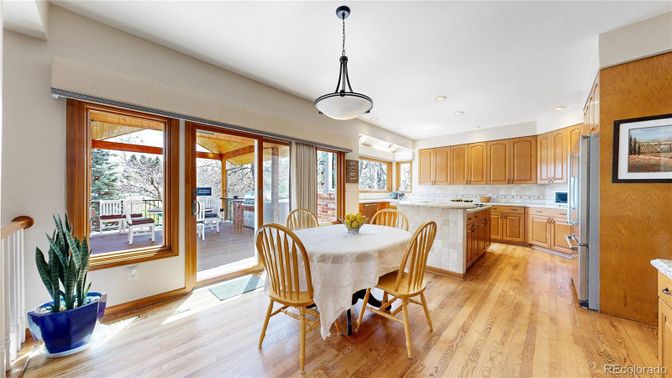 Dining room, Interior, Kitchen, Pendant Lights, Recessed Lighting, Wood Texture Flooring