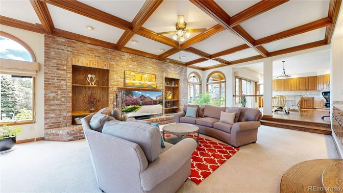 Interior, Living room, Recessed Lighting, Stone Walls, Wooden Beams