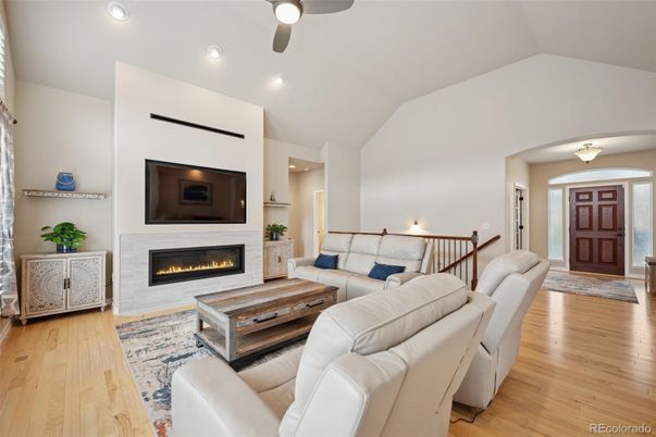 Fireplace, Interior, Living room, Recessed Lighting, Wood Texture Flooring