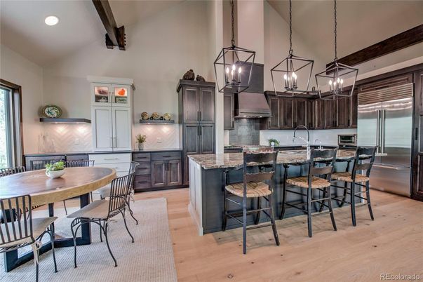 Interior, Kitchen, Pendant Lights, Recessed Lighting, Stainless Steel Appliances, Wooden Beams, Wood Texture Flooring