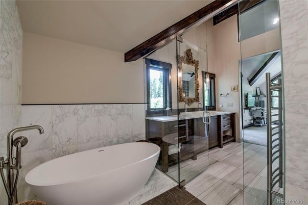 Bathroom, Dual Sink Vanities, Free Standing Baths, Glass Shower, Interior, Marble Walls