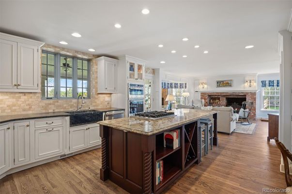 Fireplace, Interior, Kitchen, Living room, Recessed Lighting, Wood Texture Flooring