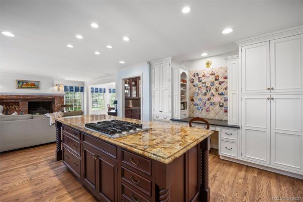 Fireplace, Interior, Kitchen, Living room, Recessed Lighting, Wood Texture Flooring