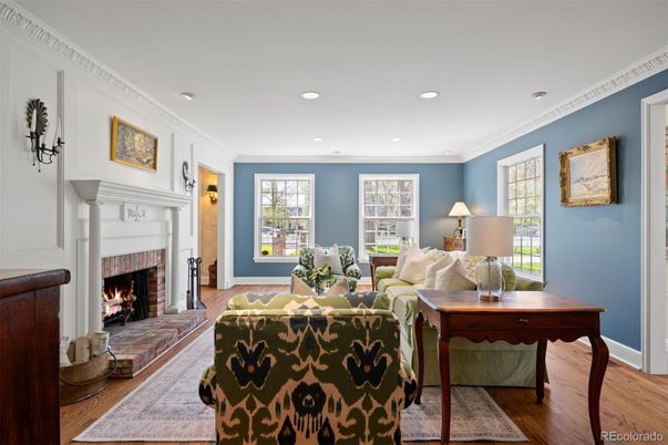 Fireplace, Interior, Living room, Recessed Lighting, Wood Texture Flooring