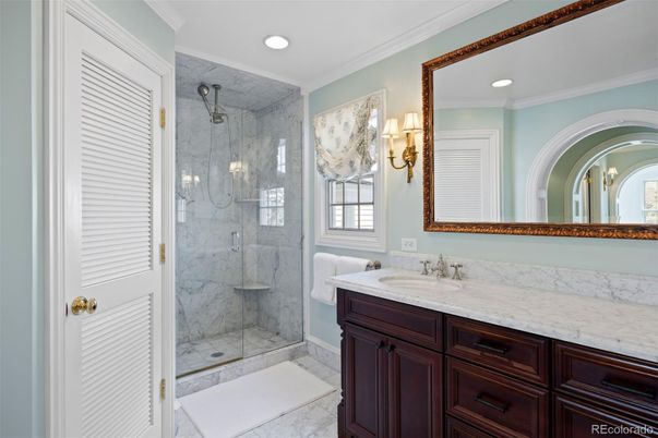 Bathroom, Glass Shower, Interior, Marble, Marble Walls, Recessed Lighting
