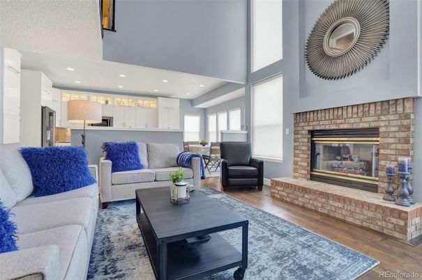 Fireplace, Interior, Kitchen, Living room, Recessed Lighting, Wood Texture Flooring