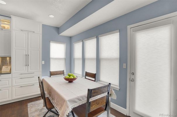 Dining room, Interior, Recessed Lighting, Wood Texture Flooring